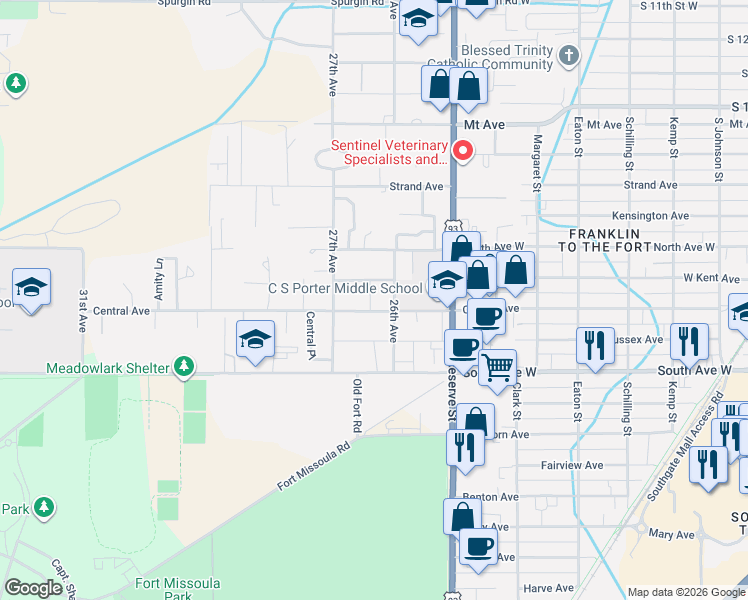 map of restaurants, bars, coffee shops, grocery stores, and more near 2624 West Central Avenue in Missoula