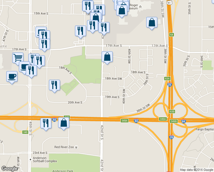 map of restaurants, bars, coffee shops, grocery stores, and more near 1830 42nd Street South in Fargo