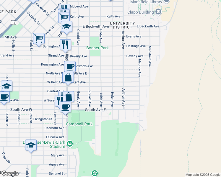 map of restaurants, bars, coffee shops, grocery stores, and more near 430 E Central Ave in Missoula
