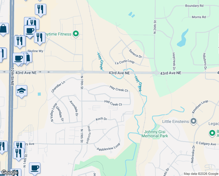 map of restaurants, bars, coffee shops, grocery stores, and more near 4005 19th Street Northeast in Bismarck