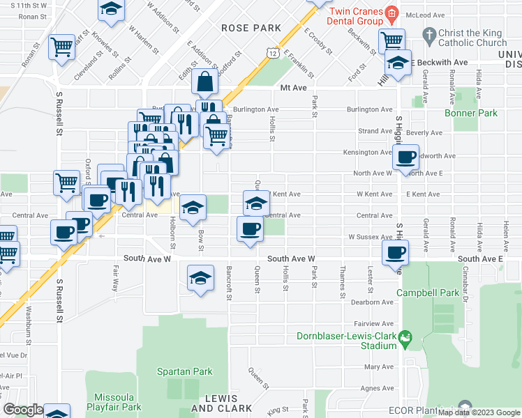 map of restaurants, bars, coffee shops, grocery stores, and more near 2120 Queen Street in Missoula