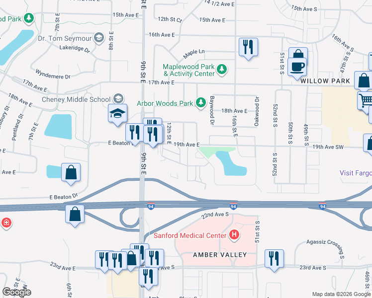 map of restaurants, bars, coffee shops, grocery stores, and more near 1912 Times Square Way in West Fargo