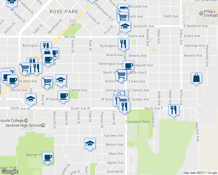 map of restaurants, bars, coffee shops, grocery stores, and more near 216 W Central Ave in Missoula