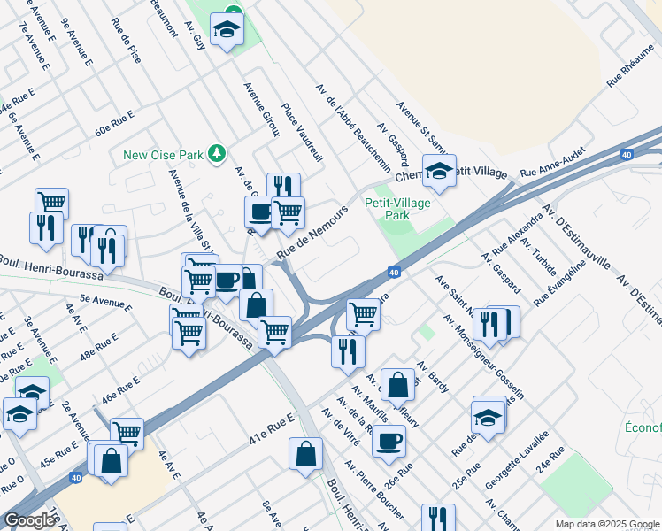 map of restaurants, bars, coffee shops, grocery stores, and more near 4425 Monelier Road in Québec City