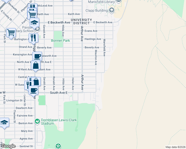 map of restaurants, bars, coffee shops, grocery stores, and more near 616 East Central Avenue in Missoula