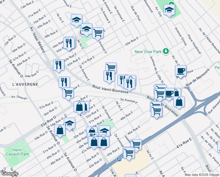 map of restaurants, bars, coffee shops, grocery stores, and more near 5350 Boulevard Henri-Bourassa in Québec
