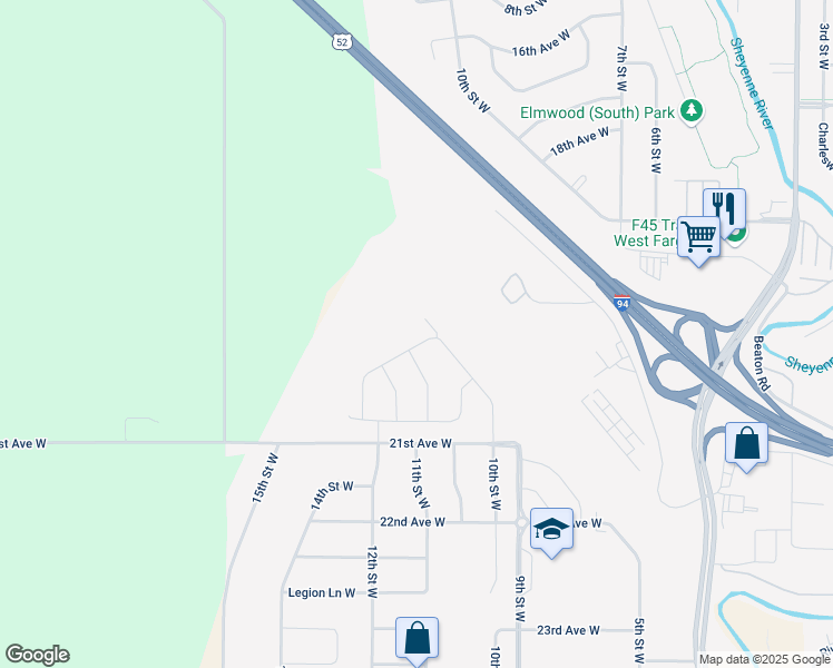 map of restaurants, bars, coffee shops, grocery stores, and more near 1152 21st Avenue West in West Fargo