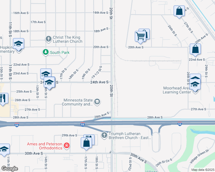 map of restaurants, bars, coffee shops, grocery stores, and more near 2413 20th Street South in Moorhead