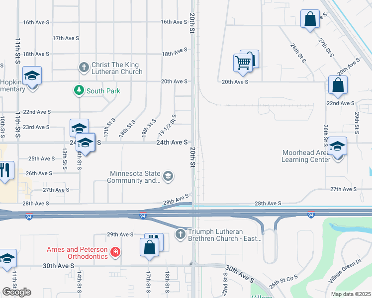 map of restaurants, bars, coffee shops, grocery stores, and more near 2413 20th Street South in Moorhead