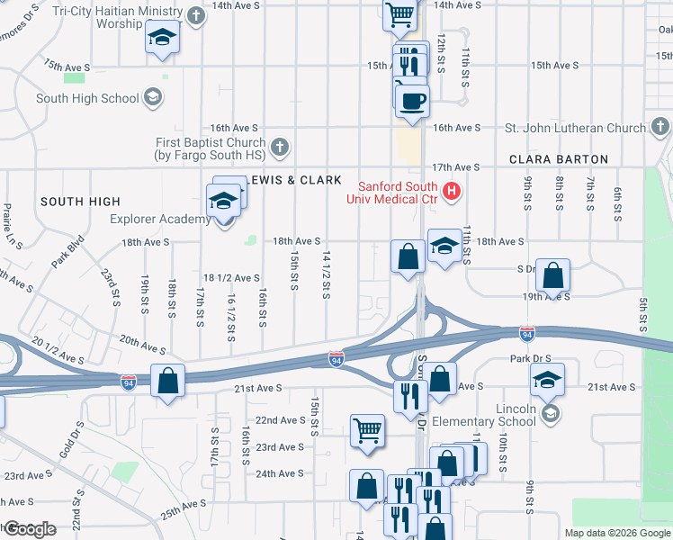 map of restaurants, bars, coffee shops, grocery stores, and more near 1818 14 1/2 Street South in Fargo