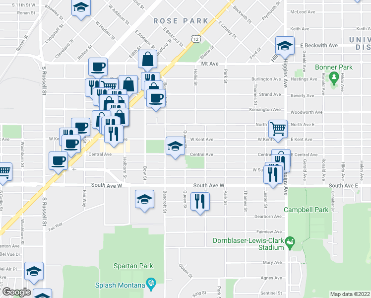 map of restaurants, bars, coffee shops, grocery stores, and more near 2118 Queen Street in Missoula