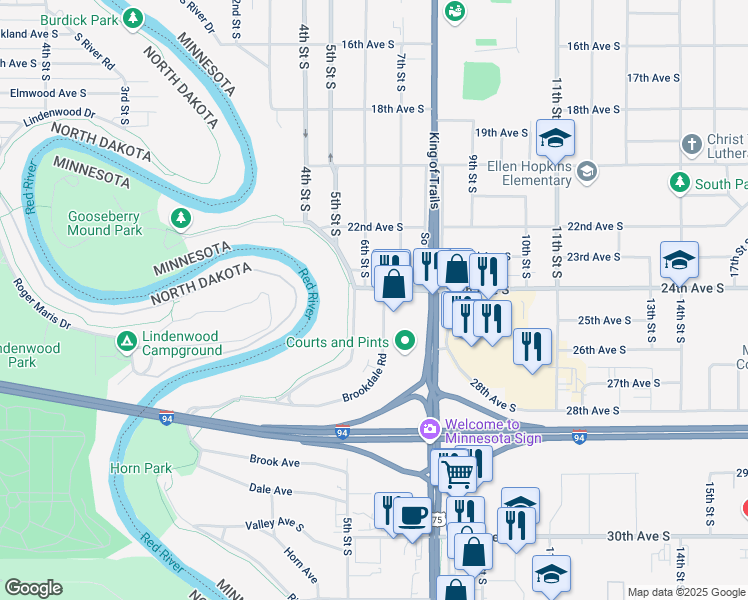 map of restaurants, bars, coffee shops, grocery stores, and more near 2406 South Rivershore Drive in Moorhead