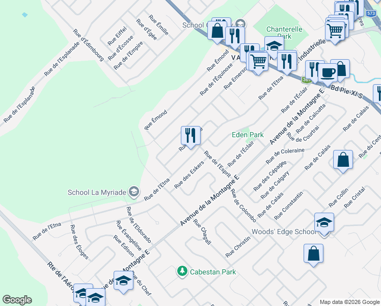 map of restaurants, bars, coffee shops, grocery stores, and more near 1280 Rue de l'Etna in Québec
