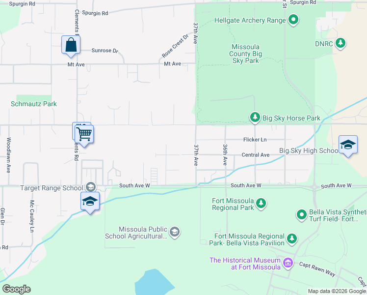 map of restaurants, bars, coffee shops, grocery stores, and more near 3712 West Central Avenue in Missoula