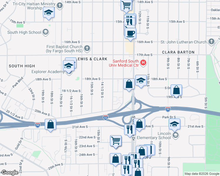 map of restaurants, bars, coffee shops, grocery stores, and more near 1818 14 1/2 Street South in Fargo