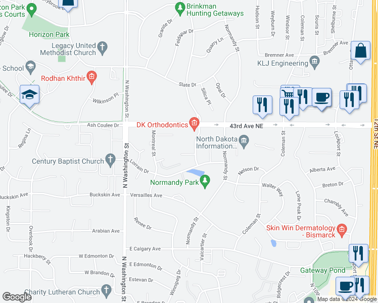 map of restaurants, bars, coffee shops, grocery stores, and more near 350 Little Rock Court in Bismarck