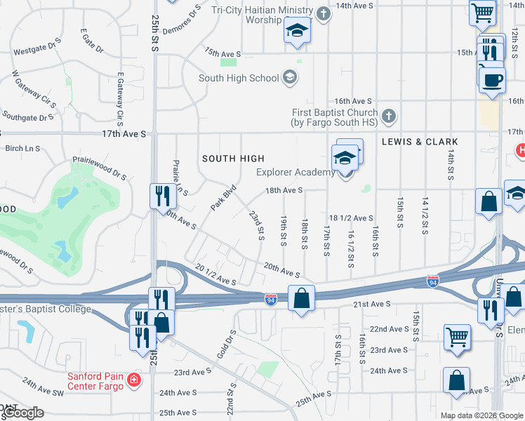 map of restaurants, bars, coffee shops, grocery stores, and more near 1808 23rd Street South in Fargo
