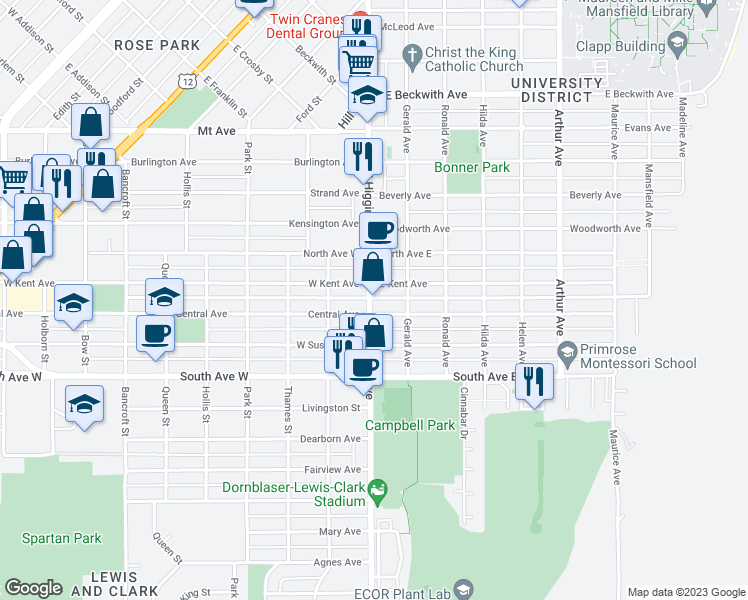 map of restaurants, bars, coffee shops, grocery stores, and more near 2118 South Higgins Avenue in Missoula