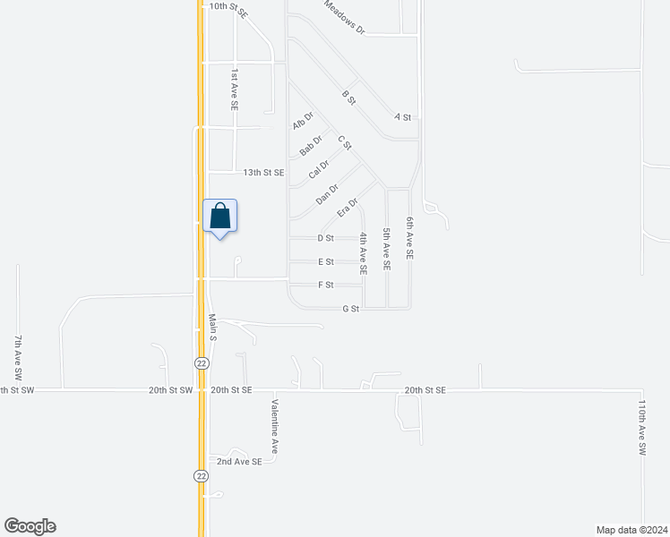 map of restaurants, bars, coffee shops, grocery stores, and more near 220 E Street in Dickinson