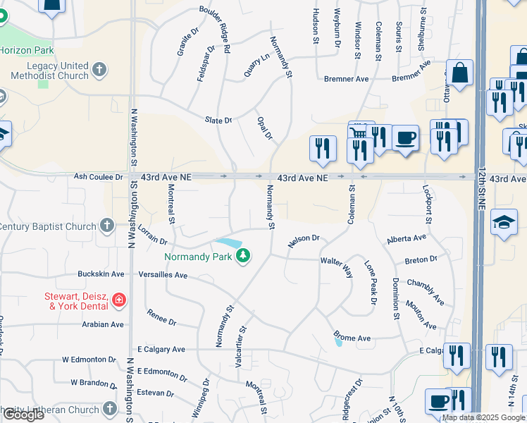 map of restaurants, bars, coffee shops, grocery stores, and more near 4115 Normandy Street in Bismarck