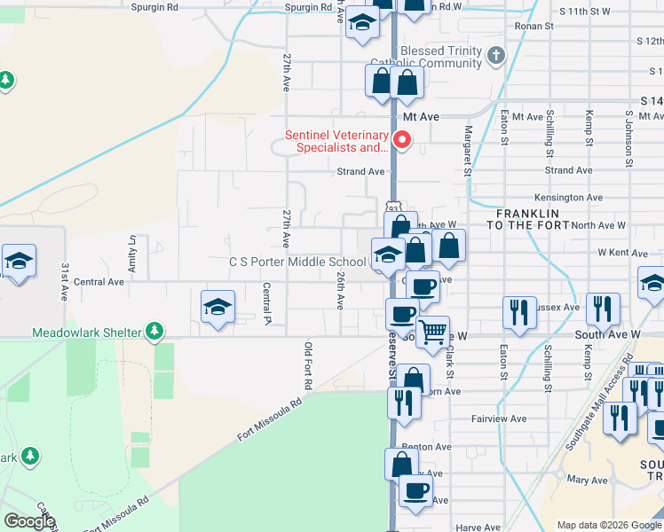 map of restaurants, bars, coffee shops, grocery stores, and more near 2100-2198 26th Avenue in Missoula