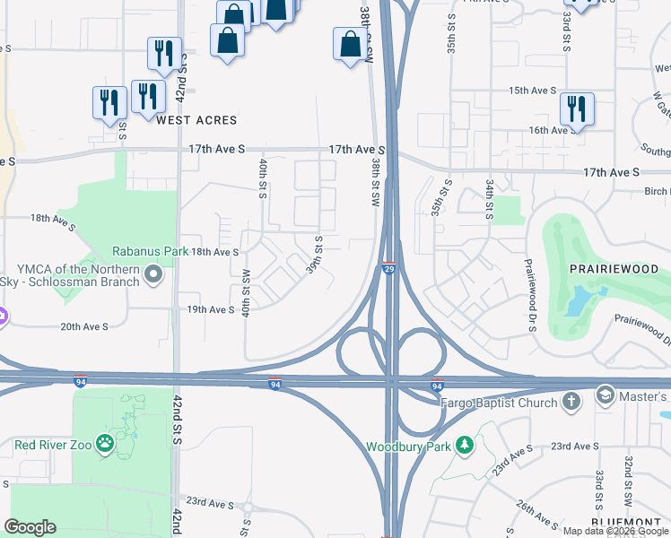 map of restaurants, bars, coffee shops, grocery stores, and more near 1810 39th Street Southwest in Fargo