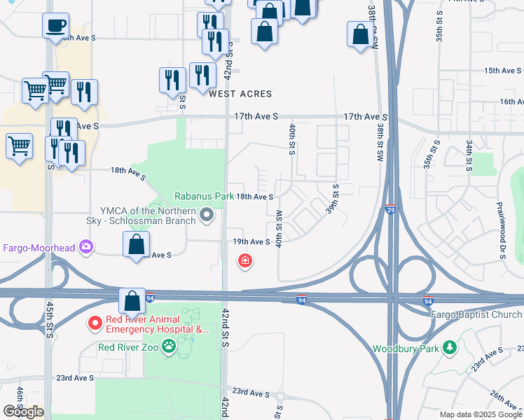 map of restaurants, bars, coffee shops, grocery stores, and more near 4022 18th Avenue South in Fargo