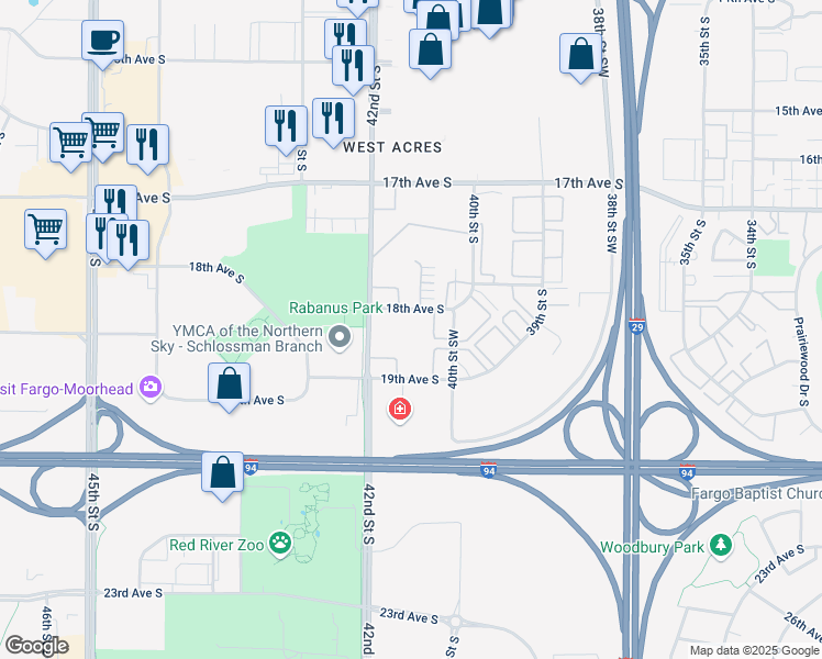 map of restaurants, bars, coffee shops, grocery stores, and more near 4022 18th Avenue South in Fargo
