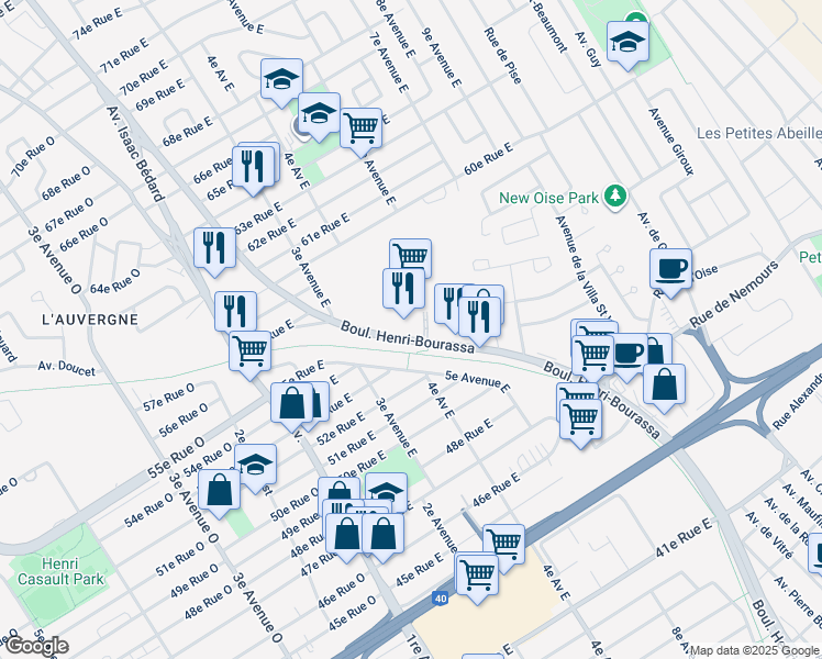 map of restaurants, bars, coffee shops, grocery stores, and more near 5354 Boulevard Henri-Bourassa in Québec