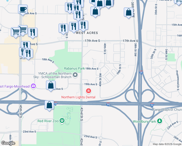 map of restaurants, bars, coffee shops, grocery stores, and more near 4102 18th Avenue South in Fargo