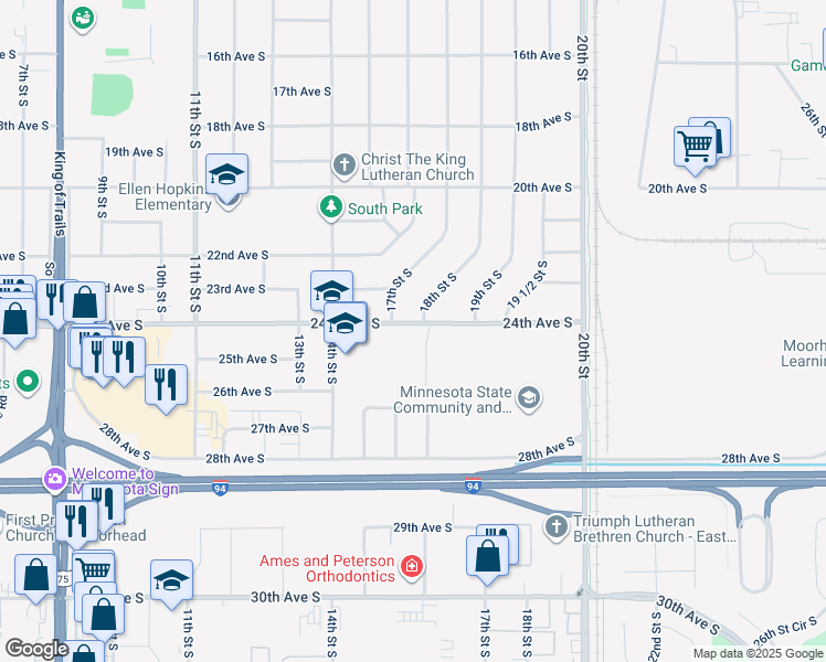 map of restaurants, bars, coffee shops, grocery stores, and more near 1715 24th Avenue South in Moorhead