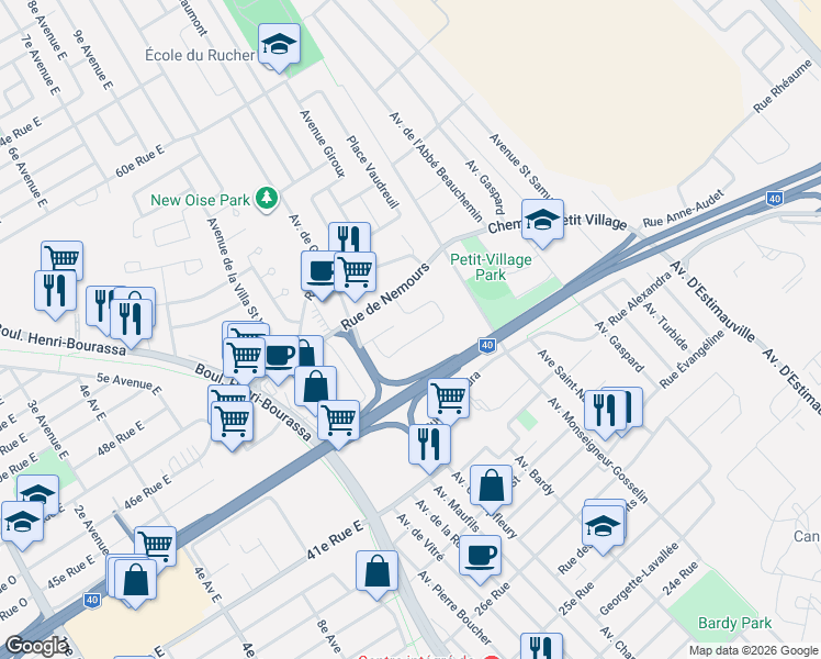 map of restaurants, bars, coffee shops, grocery stores, and more near 4425 Monelier Road in Québec City