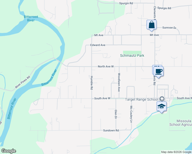 map of restaurants, bars, coffee shops, grocery stores, and more near 2112 Humble Road in Missoula