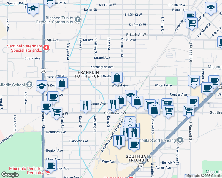map of restaurants, bars, coffee shops, grocery stores, and more near 2118 Kemp Street in Missoula
