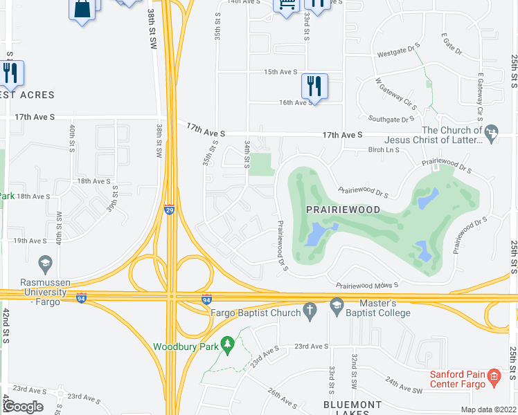 map of restaurants, bars, coffee shops, grocery stores, and more near 1812 34th Street South in Fargo