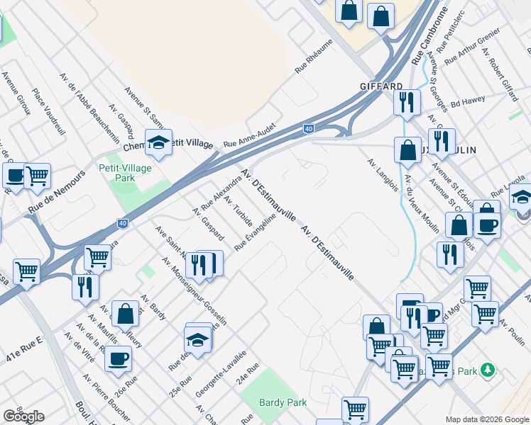 map of restaurants, bars, coffee shops, grocery stores, and more near 2664 Avenue de Bouctouche in Québec
