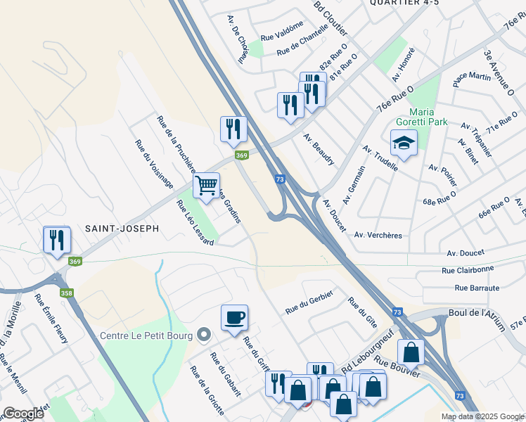 map of restaurants, bars, coffee shops, grocery stores, and more near 7615 Rue des Métis in Ville de Québec