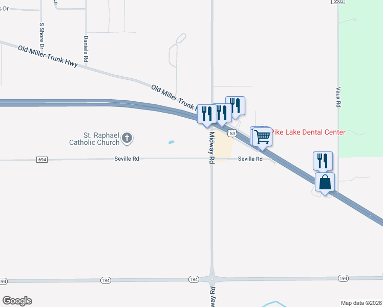 map of restaurants, bars, coffee shops, grocery stores, and more near 5719 Seville Road in Hermantown
