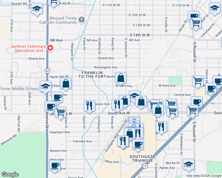 map of restaurants, bars, coffee shops, grocery stores, and more near 2118 Kemp Street in Missoula