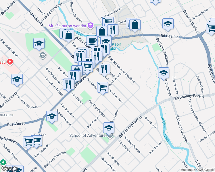 map of restaurants, bars, coffee shops, grocery stores, and more near 46 Rue Louis-IX in Québec