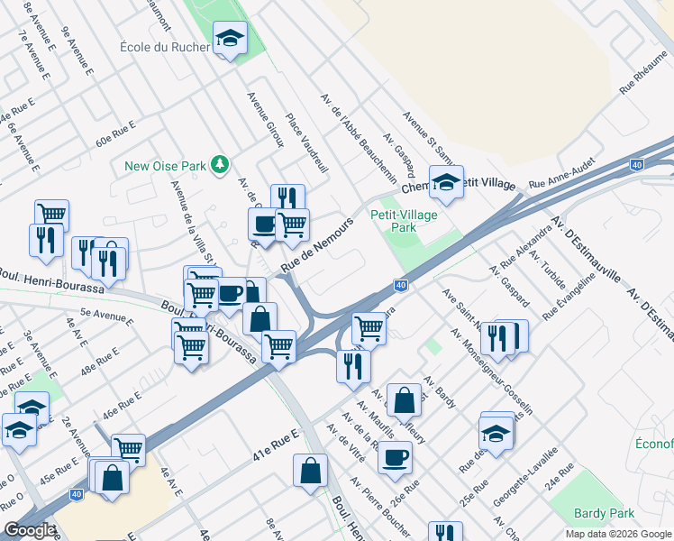 map of restaurants, bars, coffee shops, grocery stores, and more near 4425 Rue le Monelier in Québec