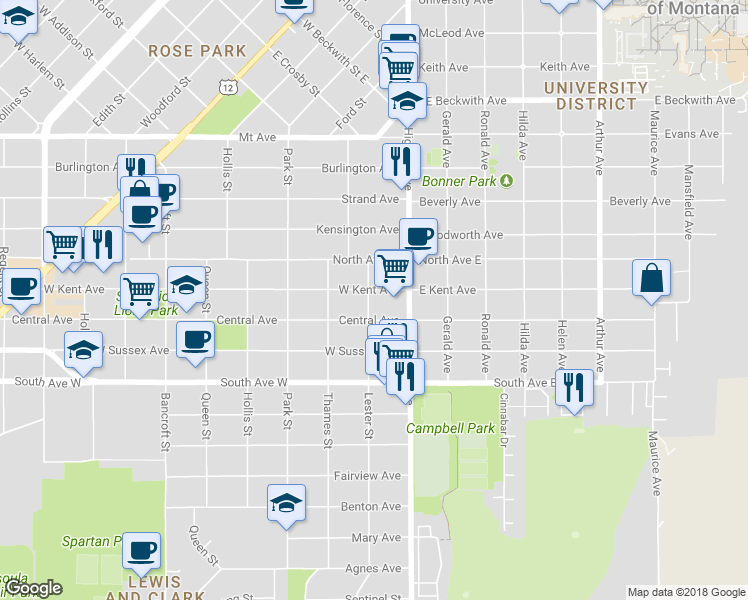 map of restaurants, bars, coffee shops, grocery stores, and more near 2112 Lester Street in Missoula