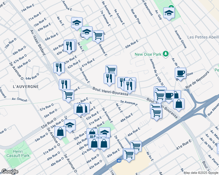 map of restaurants, bars, coffee shops, grocery stores, and more near 5354 Boulevard Henri-Bourassa in Québec