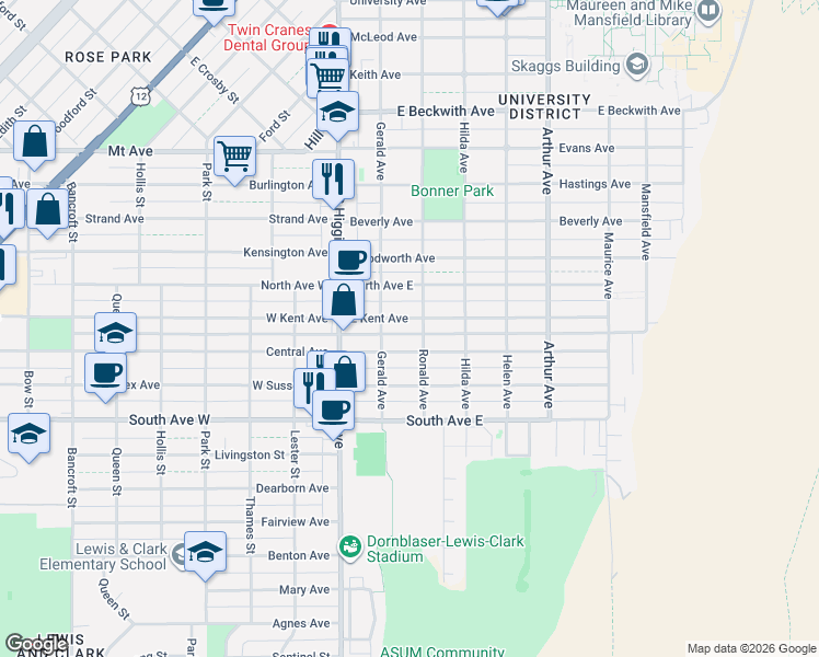 map of restaurants, bars, coffee shops, grocery stores, and more near 225 E Kent Ave in Missoula