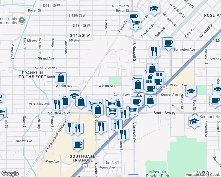 map of restaurants, bars, coffee shops, grocery stores, and more near 1704 West Central Avenue in Missoula