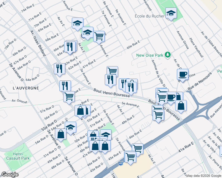 map of restaurants, bars, coffee shops, grocery stores, and more near 5350 Boulevard Henri-Bourassa in Québec