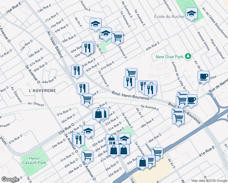 map of restaurants, bars, coffee shops, grocery stores, and more near 5650 Boulevard Henri-Bourassa in Québec