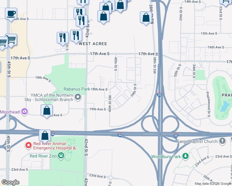 map of restaurants, bars, coffee shops, grocery stores, and more near 1820 40th Street South in Fargo