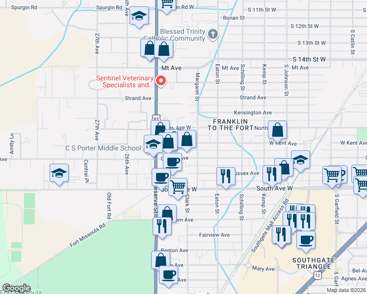 map of restaurants, bars, coffee shops, grocery stores, and more near 2405 West Kent Avenue in Missoula