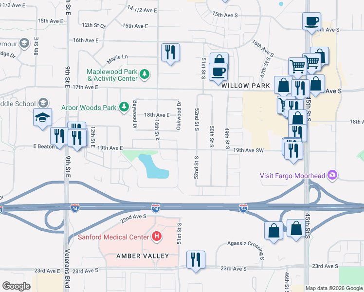 map of restaurants, bars, coffee shops, grocery stores, and more near 1638 19th Avenue East in West Fargo